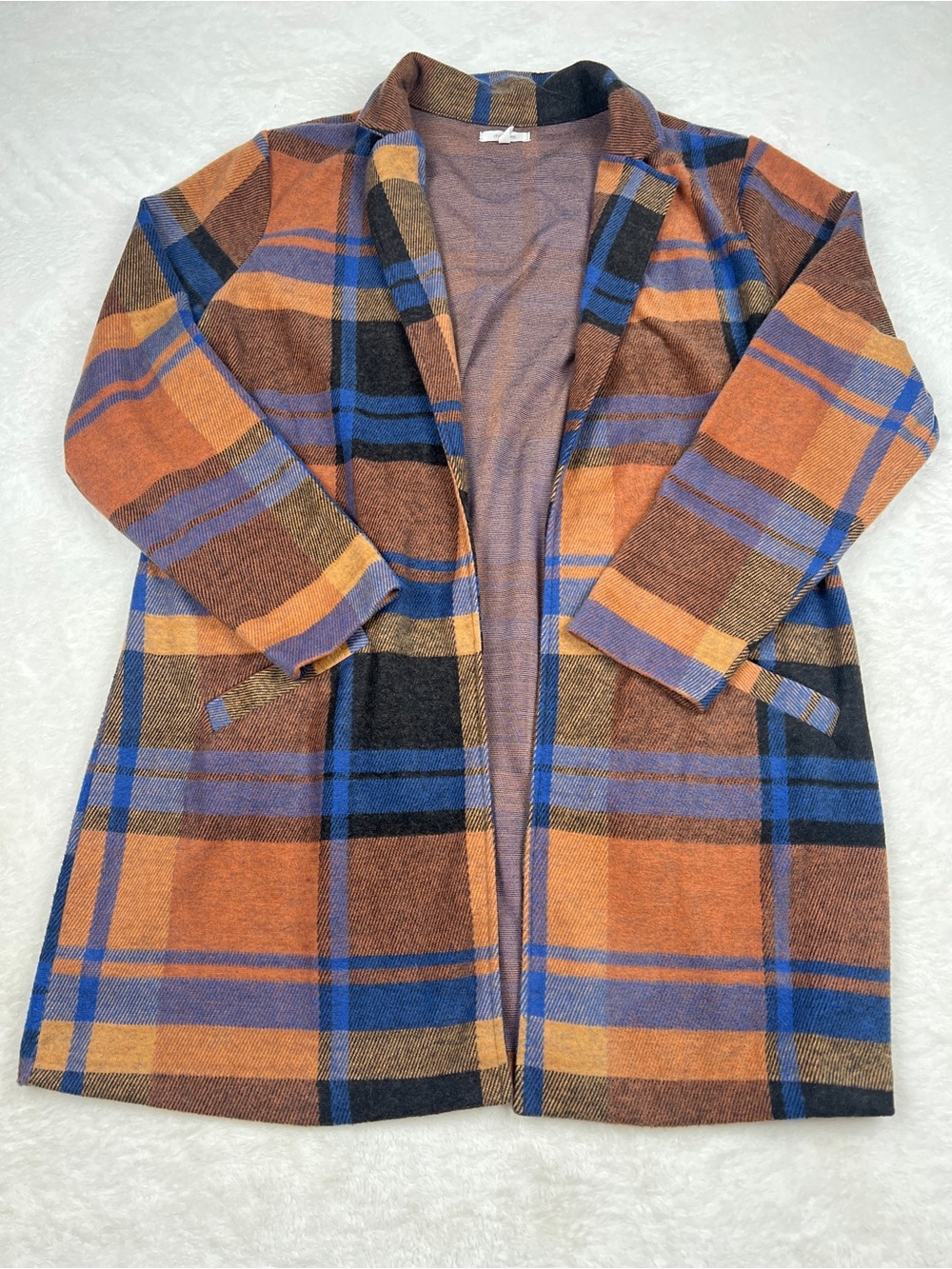 Maurices Plaid Longline Coat Womens XL Orange Blue Open Front EUC